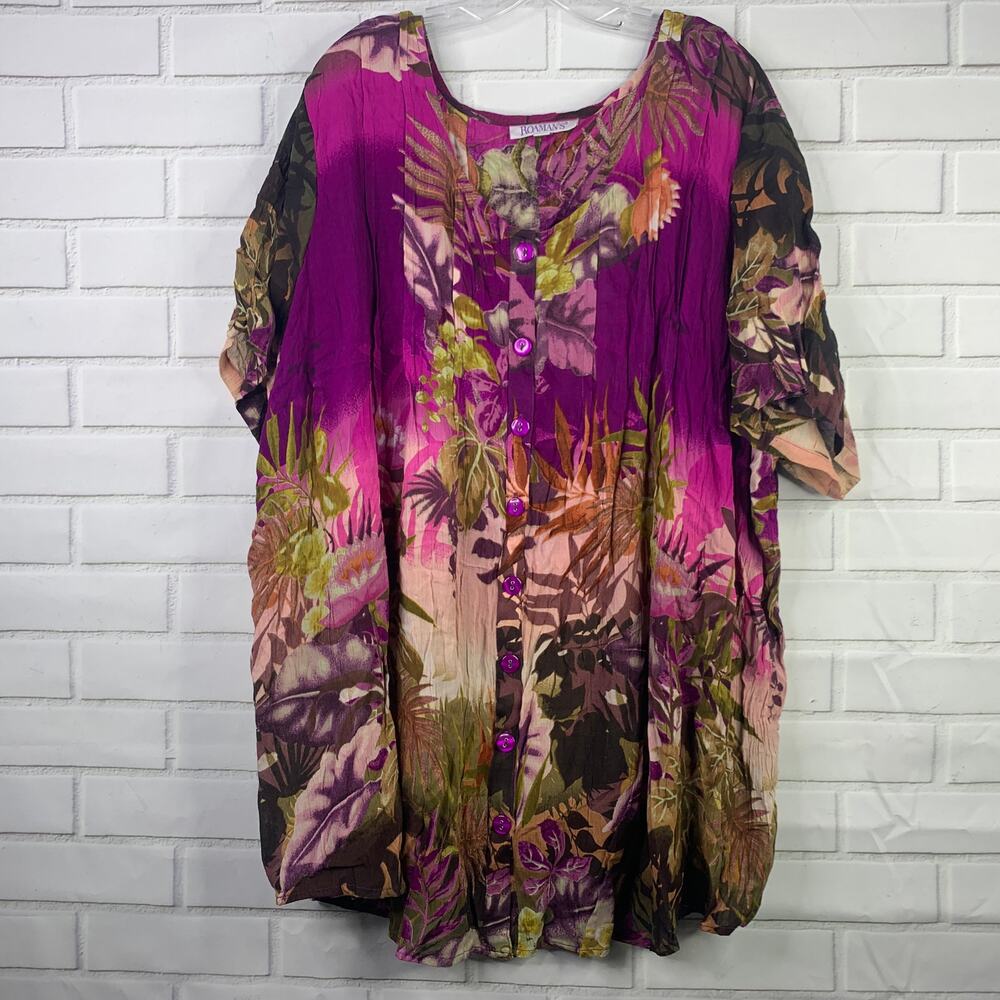 Roaman's rayon tunic top purple pink floral short sleeves women's size 32W 32